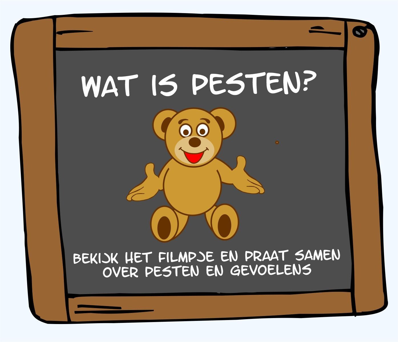 Schoolbord afbeelding van Beertje Anders met uitleg over wat pesten is voor jonge kinderen en sociale veiligheid op school
