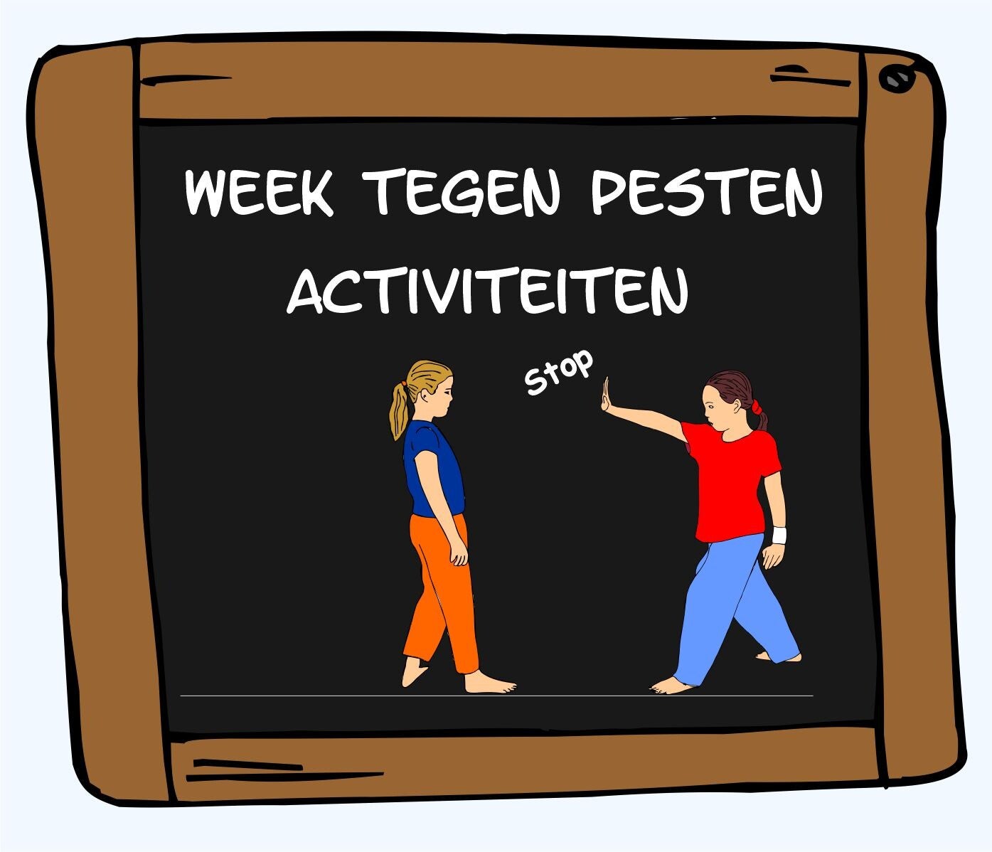 Schoolbord afbeelding met activiteiten voor de Week tegen Pesten over grenzen aangeven, groepsvorming en sociale veiligheid op school