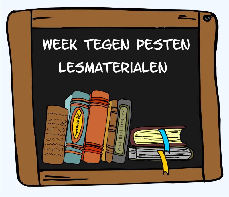 Schoolbord afbeelding met lesmaterialen voor de Week tegen Pesten over groepsvorming, sociale veiligheid en pestpreventie op school