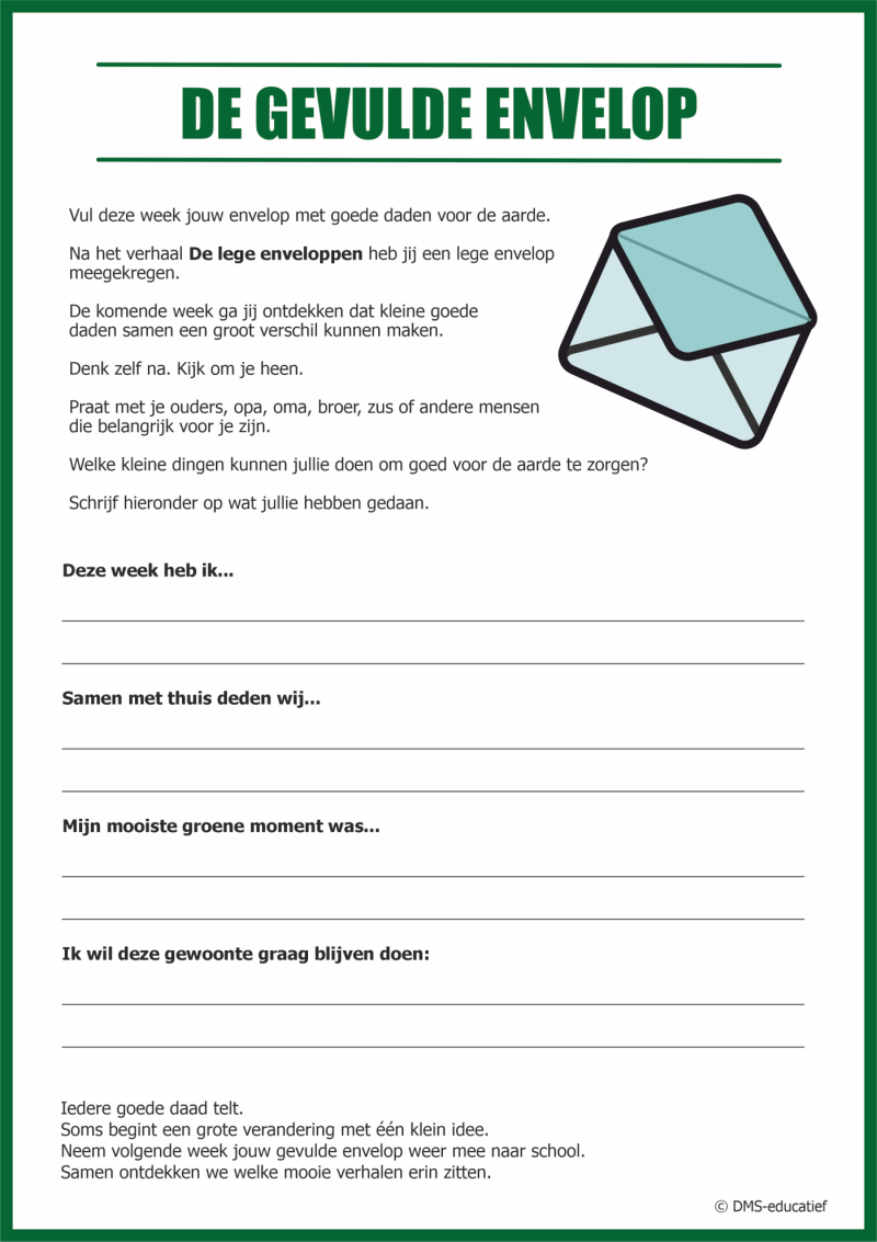 Werkblad De Gevulde Envelop – gratis klimaatactiviteit waarbij leerlingen goede daden voor de aarde opschrijven.