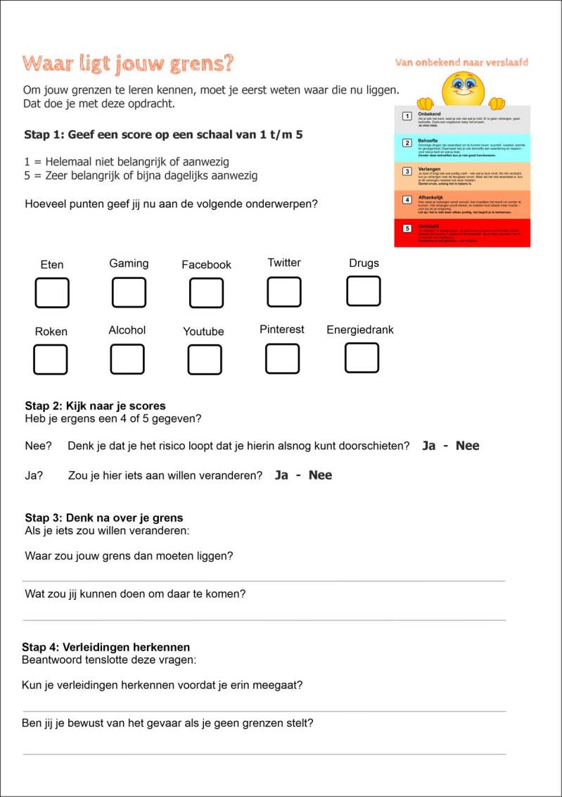 Werkblad over verleidingen en verslaving waarbij leerlingen nadenken over gewoontes, groepsdruk en gezonde keuzes