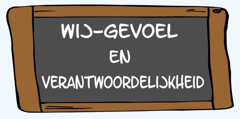 Schoolbord met de tekst Wij-gevoel en verantwoordelijkheid voor groepsvorming, samenwerking en een positief klassenklimaat.