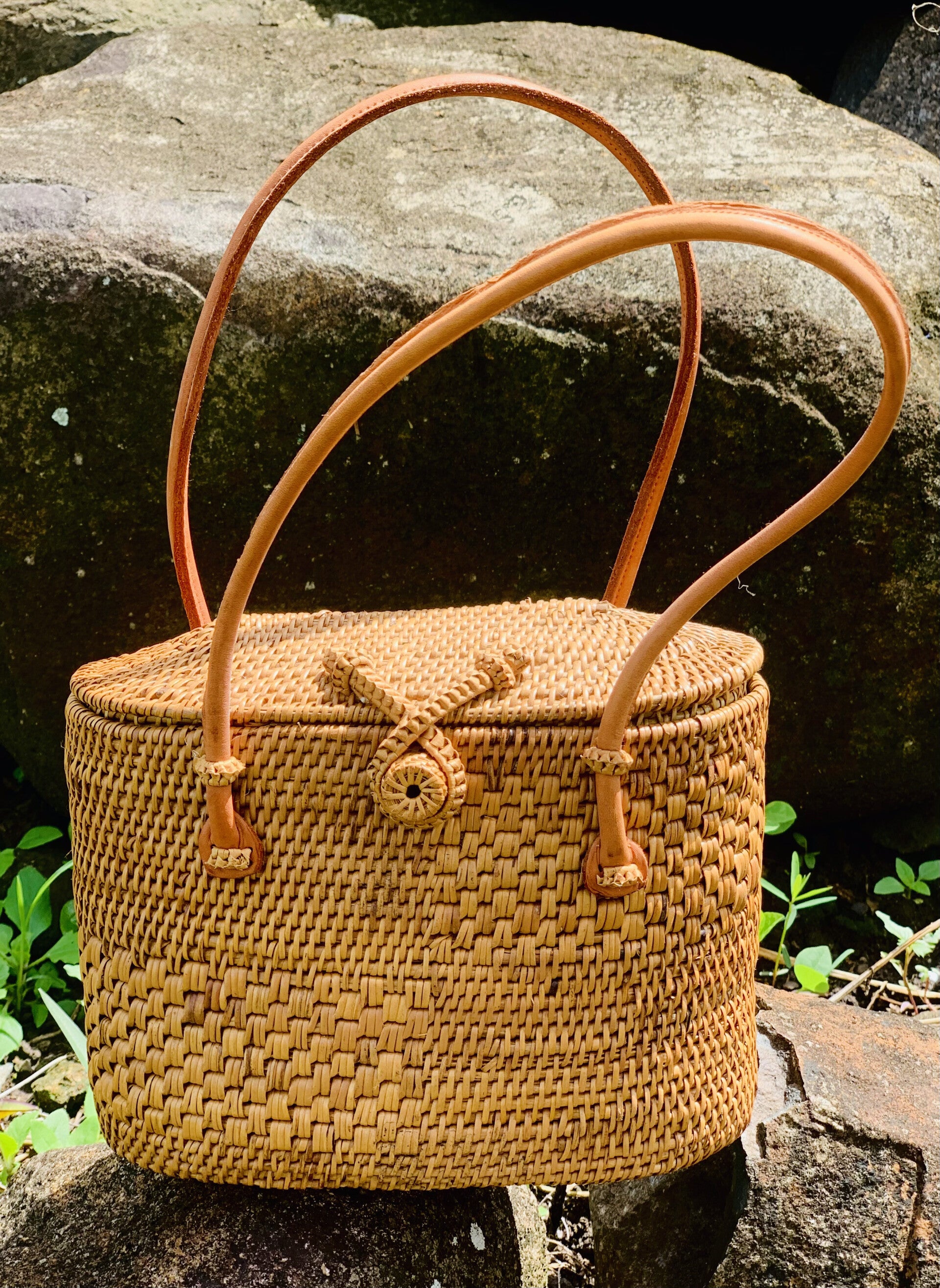 Oval Rattan Bag With Leather Strap