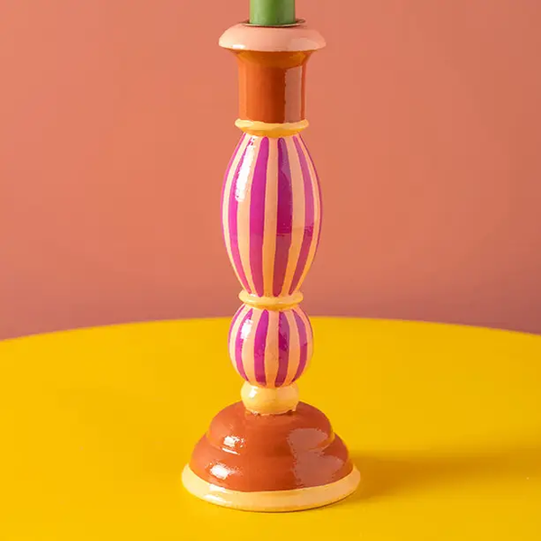 Rosa gestreifter handbemalter Kerzenhalter aus Holz