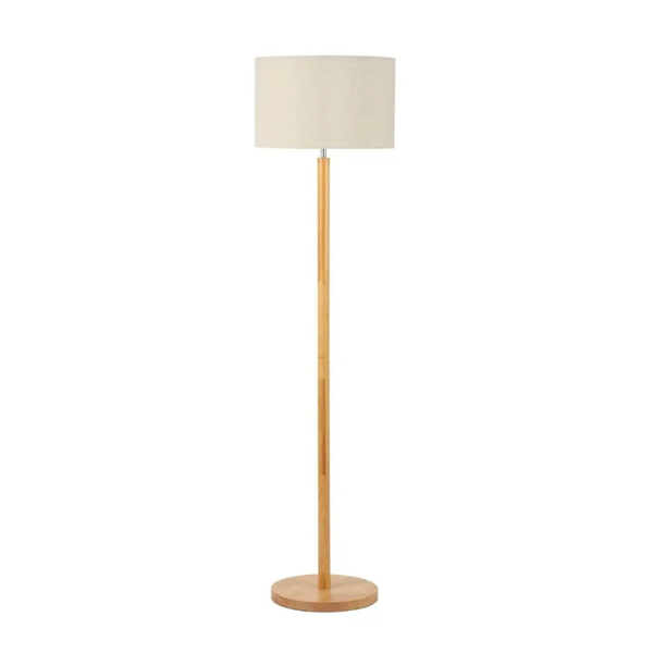 Moderne Stehlampe aus Holz und Leinen