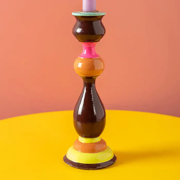 Handbemalter Kerzenhalter aus Holz mit Schokolade und Orange