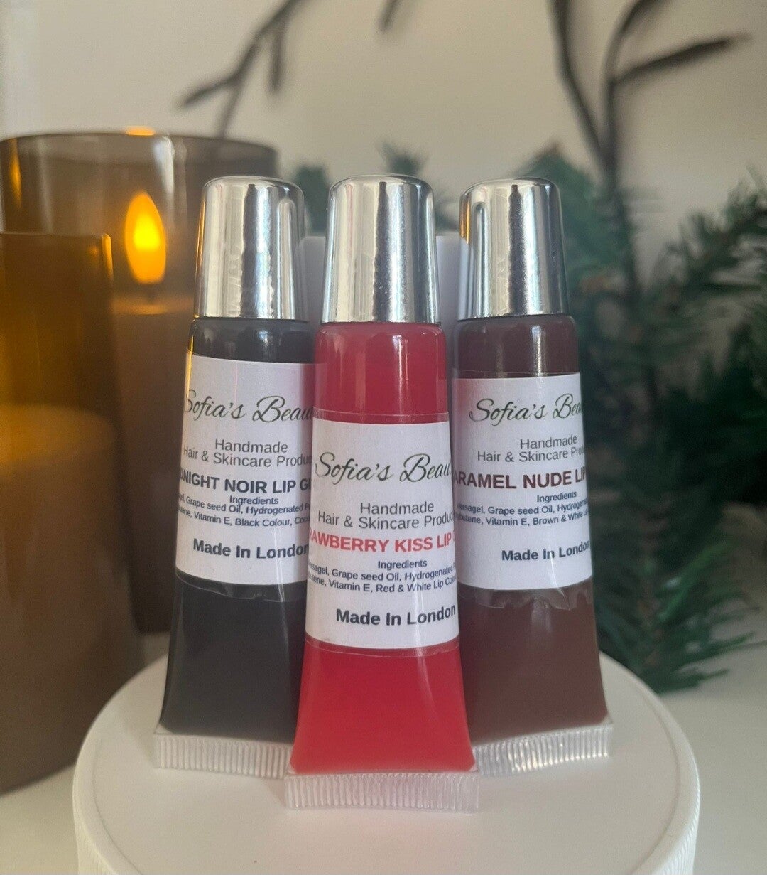 High-Shine Lip Gloss Trio Strawberry Kiss + Midnight Noir + Caramel Nude