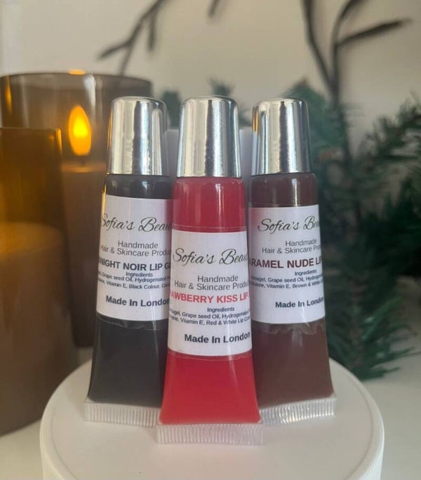 High-Shine Lip Gloss Trio Strawberry Kiss + Midnight Noir + Caramel Nude