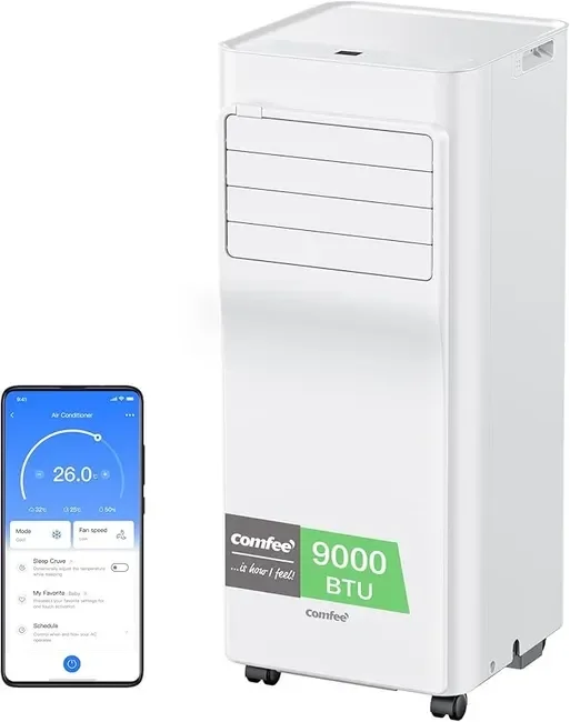 Climatiseur Mobile COMFEE 9000 BTU/h 2,6kW, Contrôle APP, 3 Modes, 3 Vitesses de ventilation, Pièces de 33㎡, Fonctionne avec Alexa Classe A