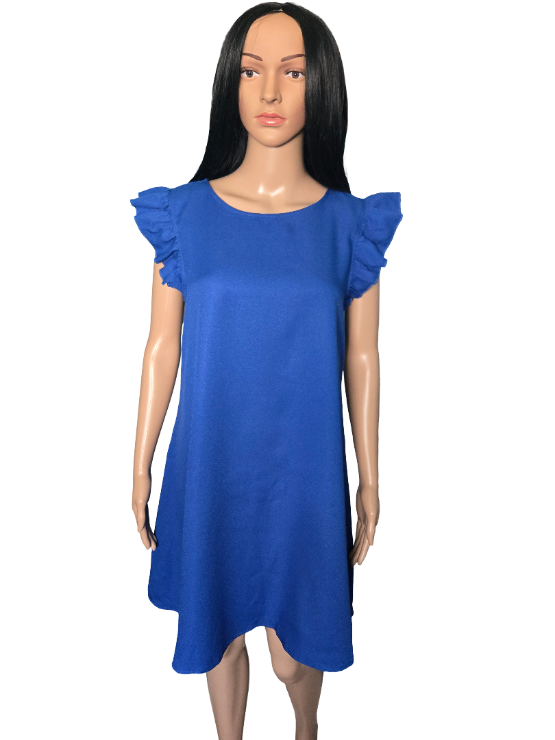 Robe bleue fluide à manches volantées