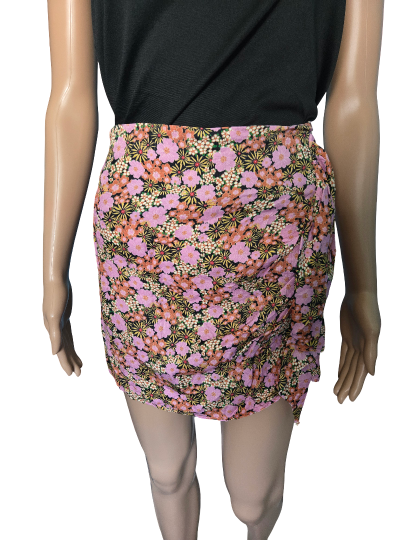 Jupe fleurie effet portefeuille rose