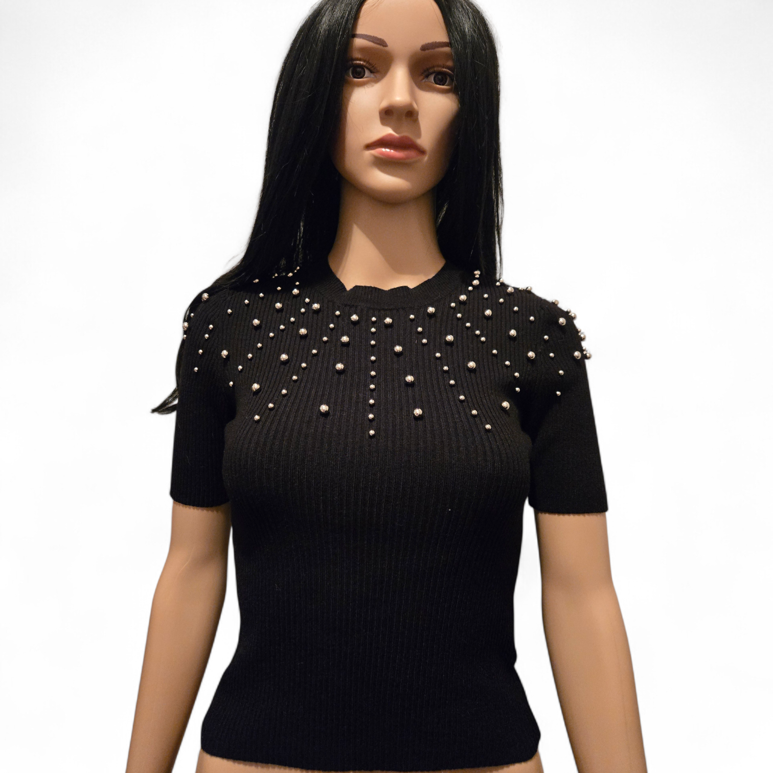 Pull maille côtelée noir à clous