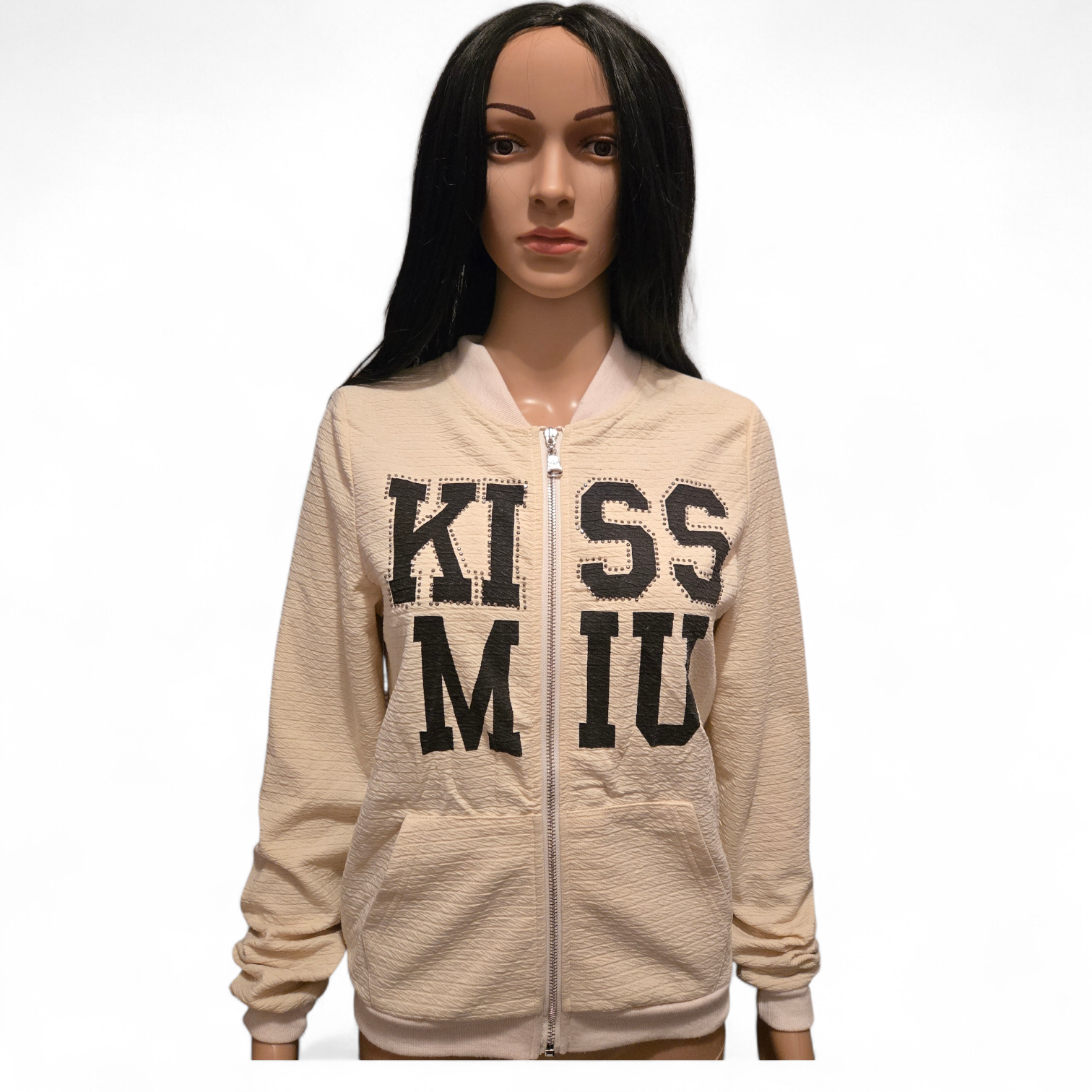 Veste sweat zippée beige imprimé “KISS ME”