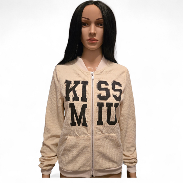 Veste sweat zippée beige imprimé “KISS ME”