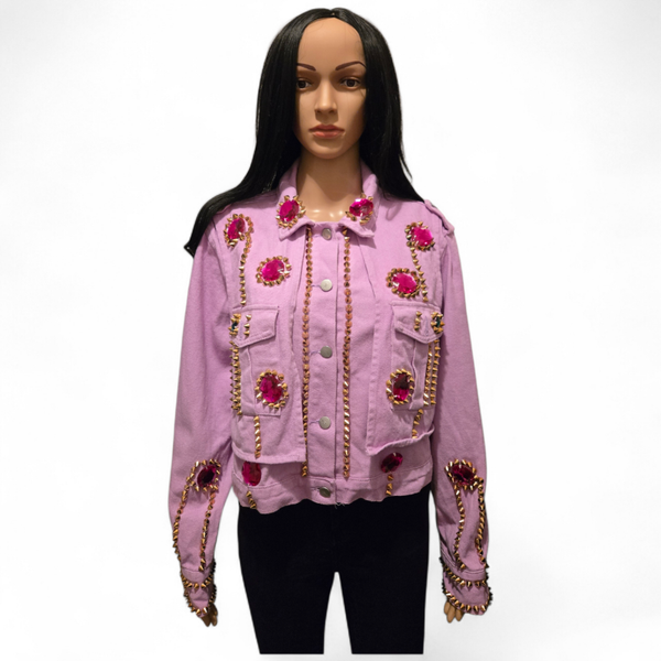 Veste rose cloutée & strass dorés