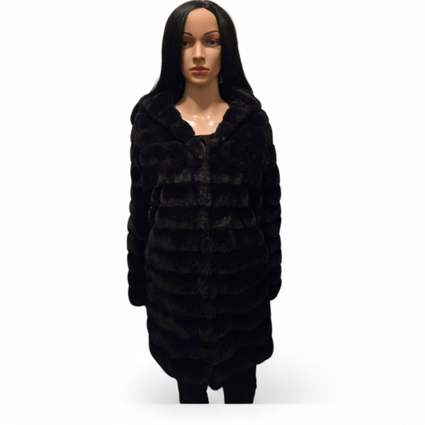Manteau long fausse fourrure noir chic