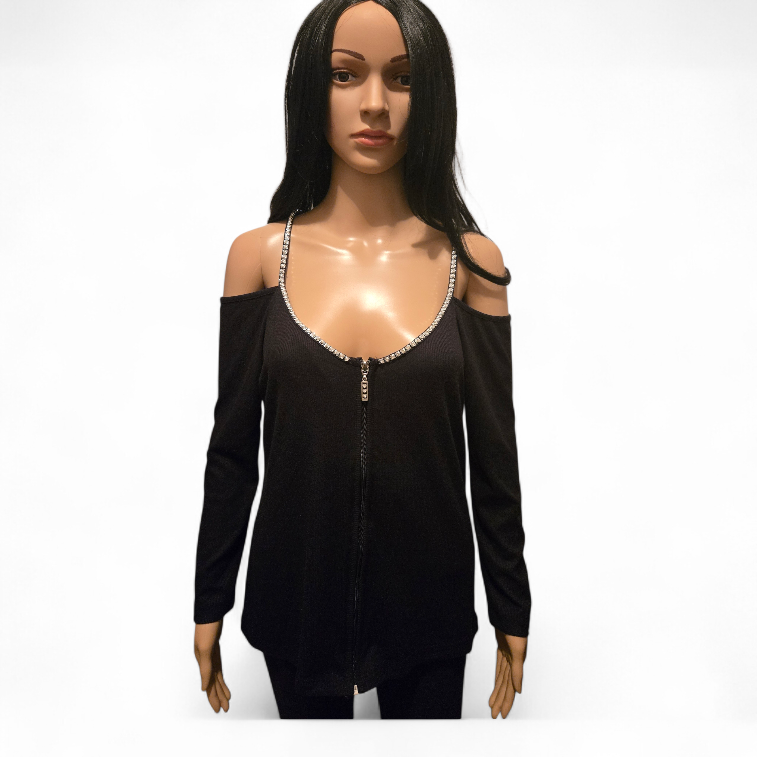 Top noir épaules dénudées zip & col strass