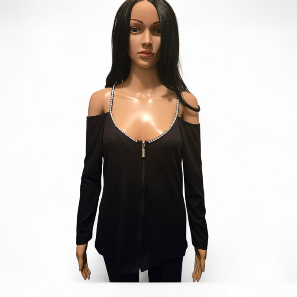 Top noir épaules dénudées zip & col strass