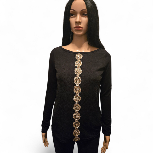 Top noir chic manches longues avec détail bijou doré