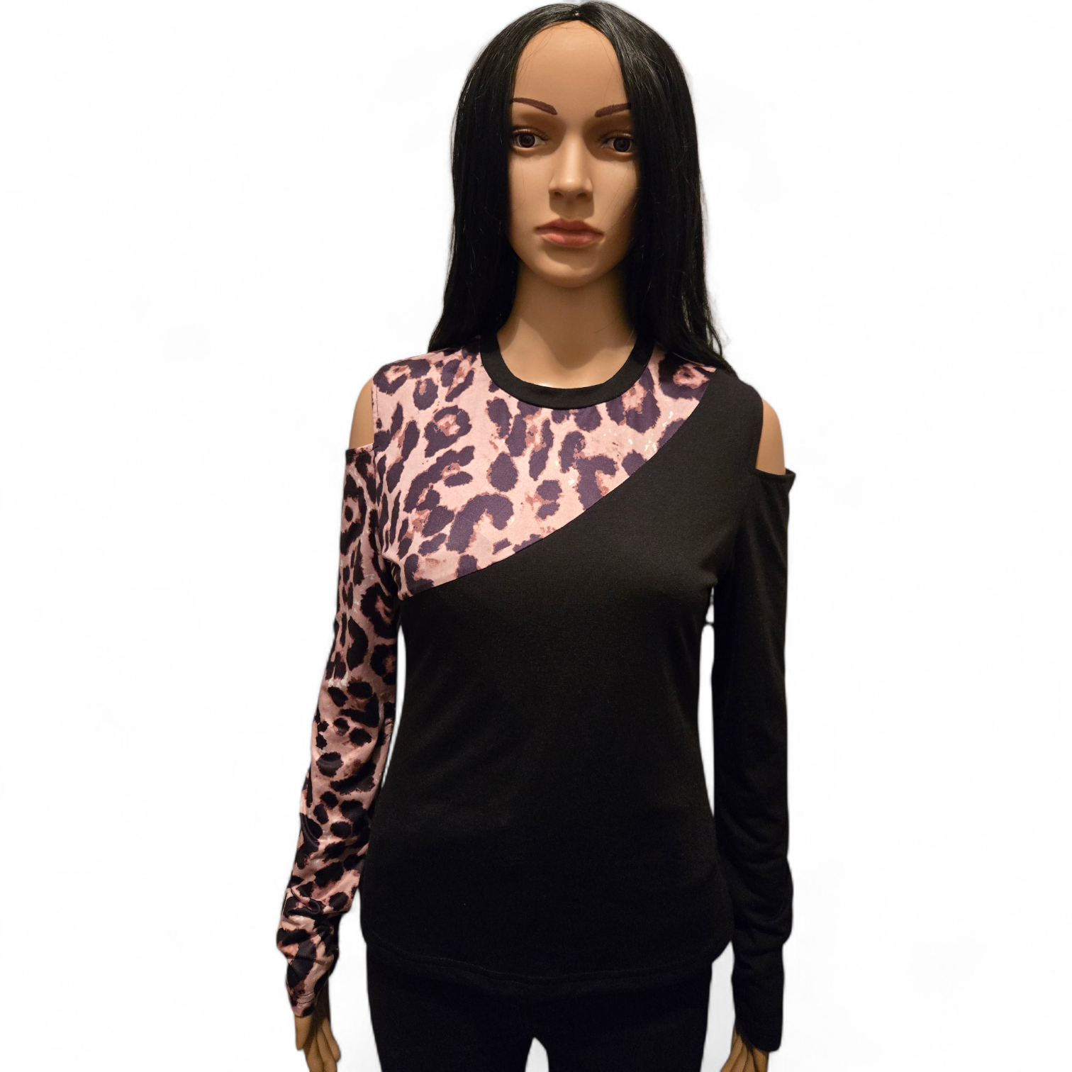 Top asymétrique noir & léopard épaules ouvertes