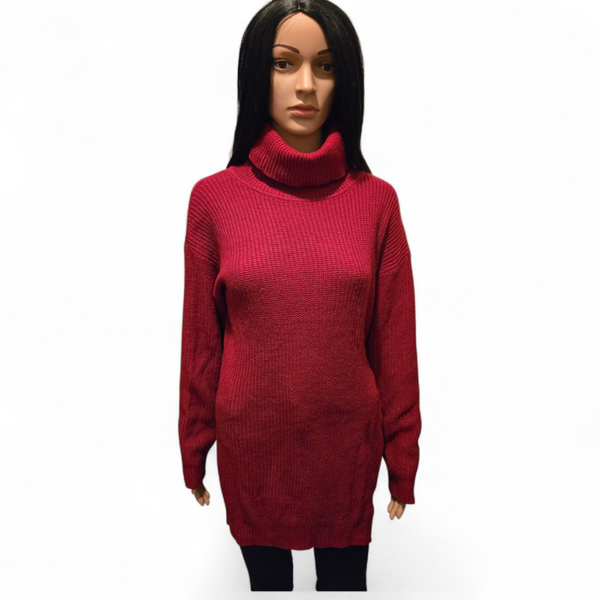 Pull long col roulé rouge bordeaux maille épaisse