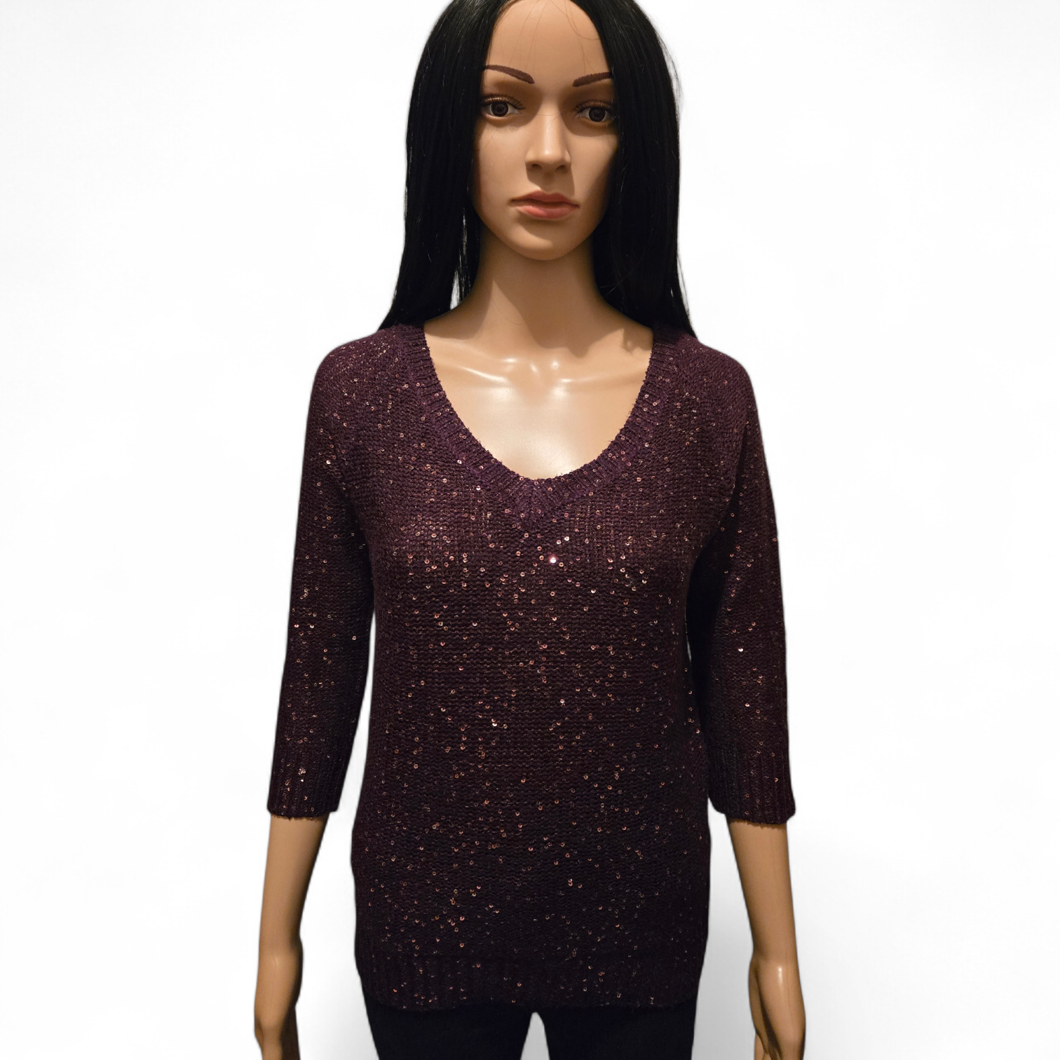 Pull maille bordeaux pailleté col V