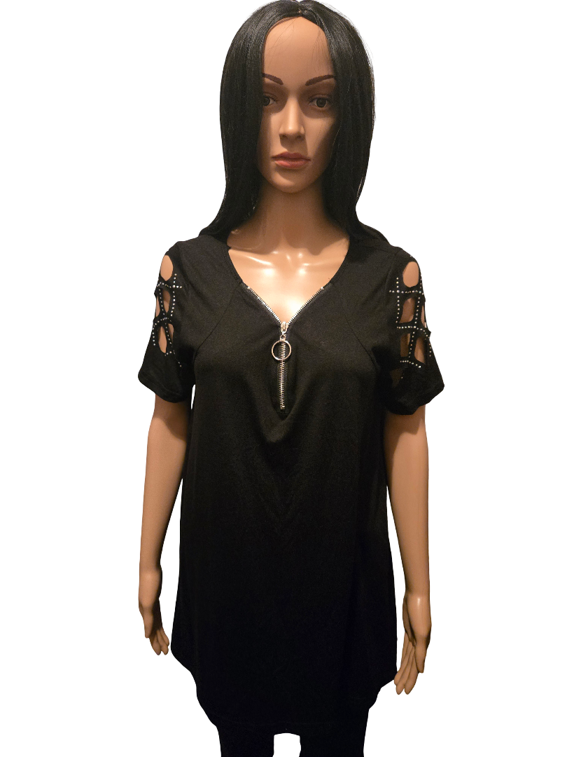 Top noir zip métal & manches ajourées – style rock chic