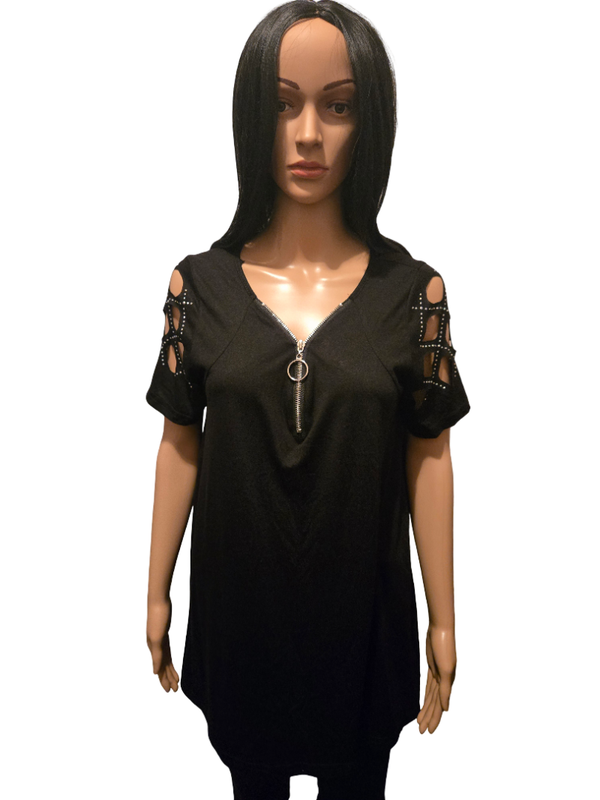 Top noir zip métal & manches ajourées – style rock chic