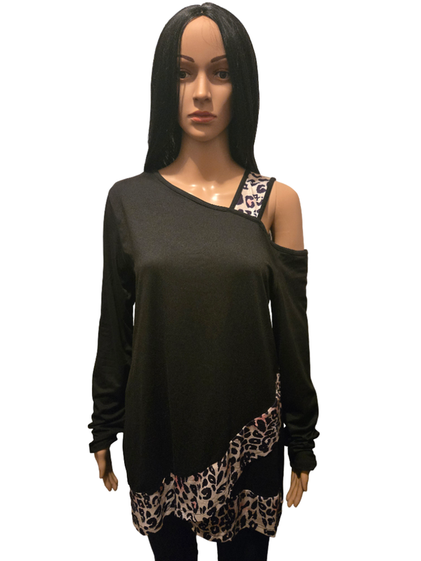 Tunique noire asymétrique léopard – Épaule dénudée tendance