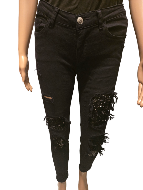Jean skinny noir destroy à sequins – femme – style rock chic