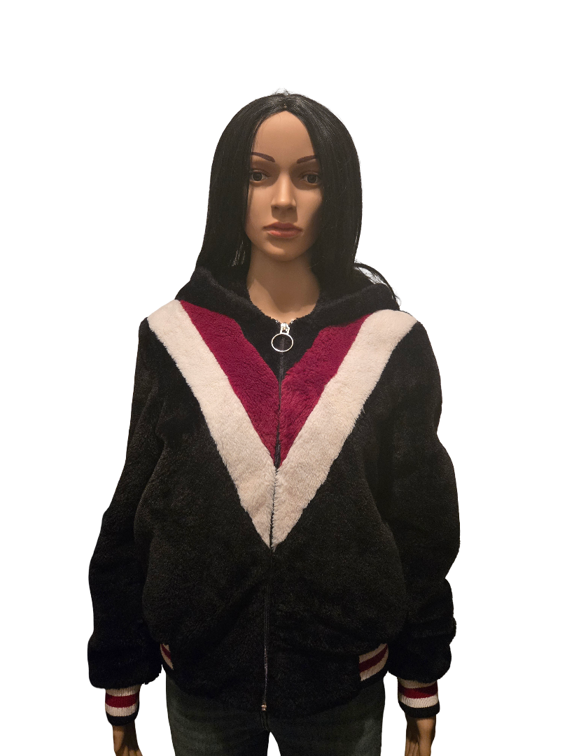 Veste polaire zippée noir/bordeaux/beige à capuche – ultra douce –