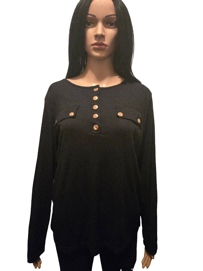 Top noir manches longues à boutons dorés – chic & élégant