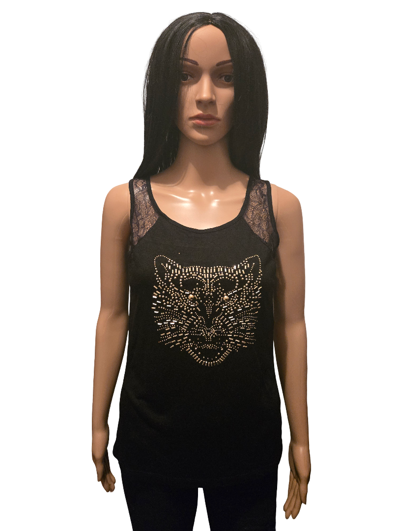 Débardeur noir dentelle épaules & motif tigre doré strass – style rock chic