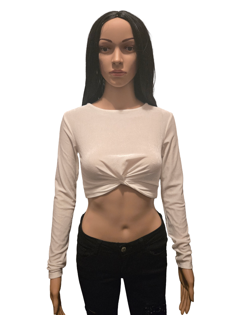 Top court beige torsadé – manches longues – style chic minimaliste