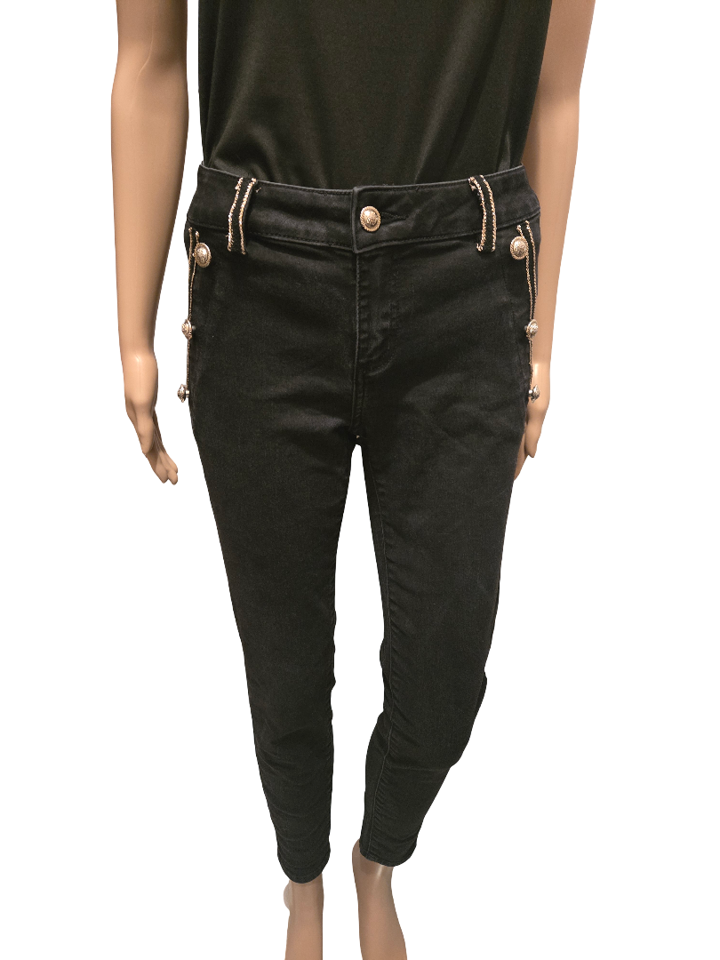 Pantalon noir slim femme détails boutons dorés – chic & élégant