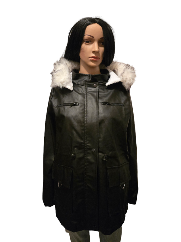 Parka femme noire capuche fourrure – manteau hiver chaud