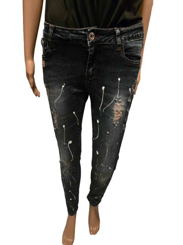 Jean slim bleu foncé effet destroy & peinture – style streetwear