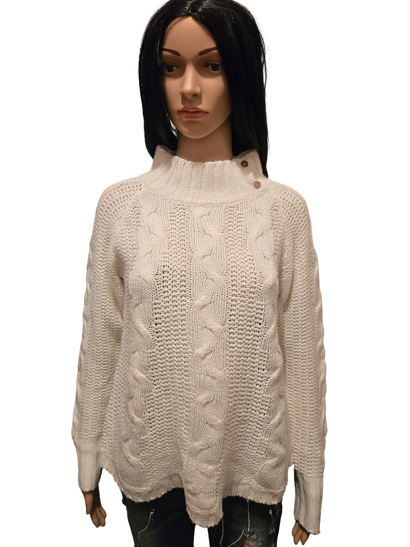 Pull maille torsadée blanc col montant – chaud & cosy