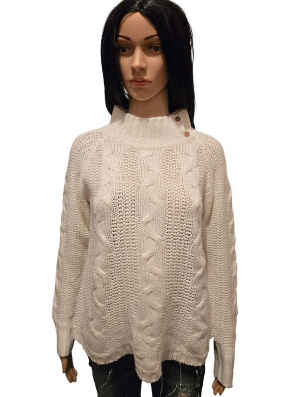 Pull maille torsadée blanc col montant – chaud & cosy