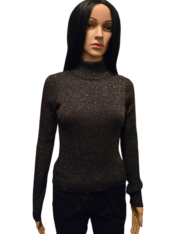 Pull noir scintillant col montant – maille fine chic