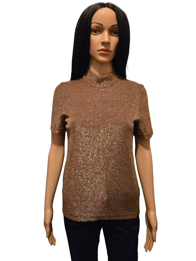 Top doré pailleté manches courtes – effet chic soirée