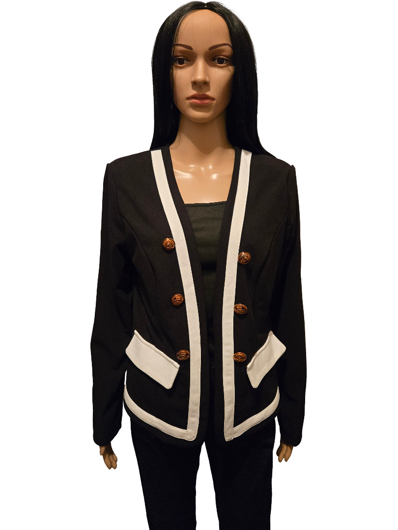 Veste blazer noire style officier – boutons dorés & finitions blanches chic