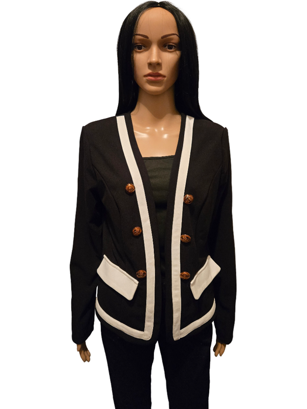 Veste blazer noire style officier – boutons dorés & finitions blanches chic