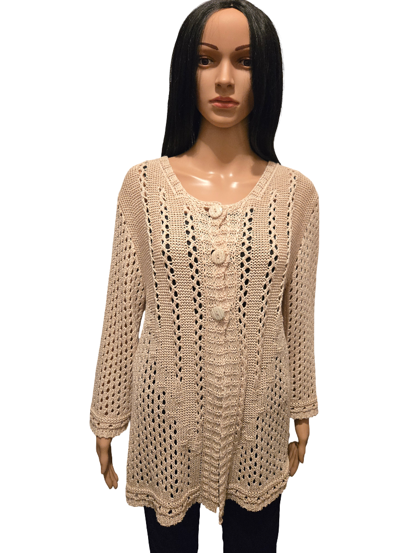 Gilet long beige maille ajourée bohème – cardigan cosy femme