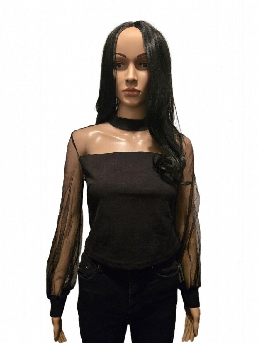 Top noir élégant manches transparentes en tulle – col montant