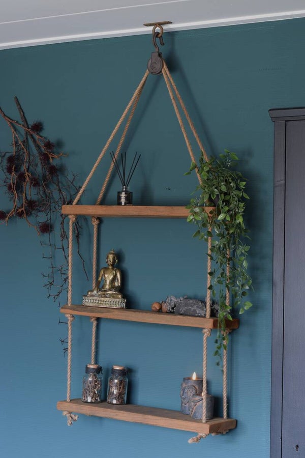 3-Laags Rustiek Houten Hangrek met Vintage Katrol 'Natural'