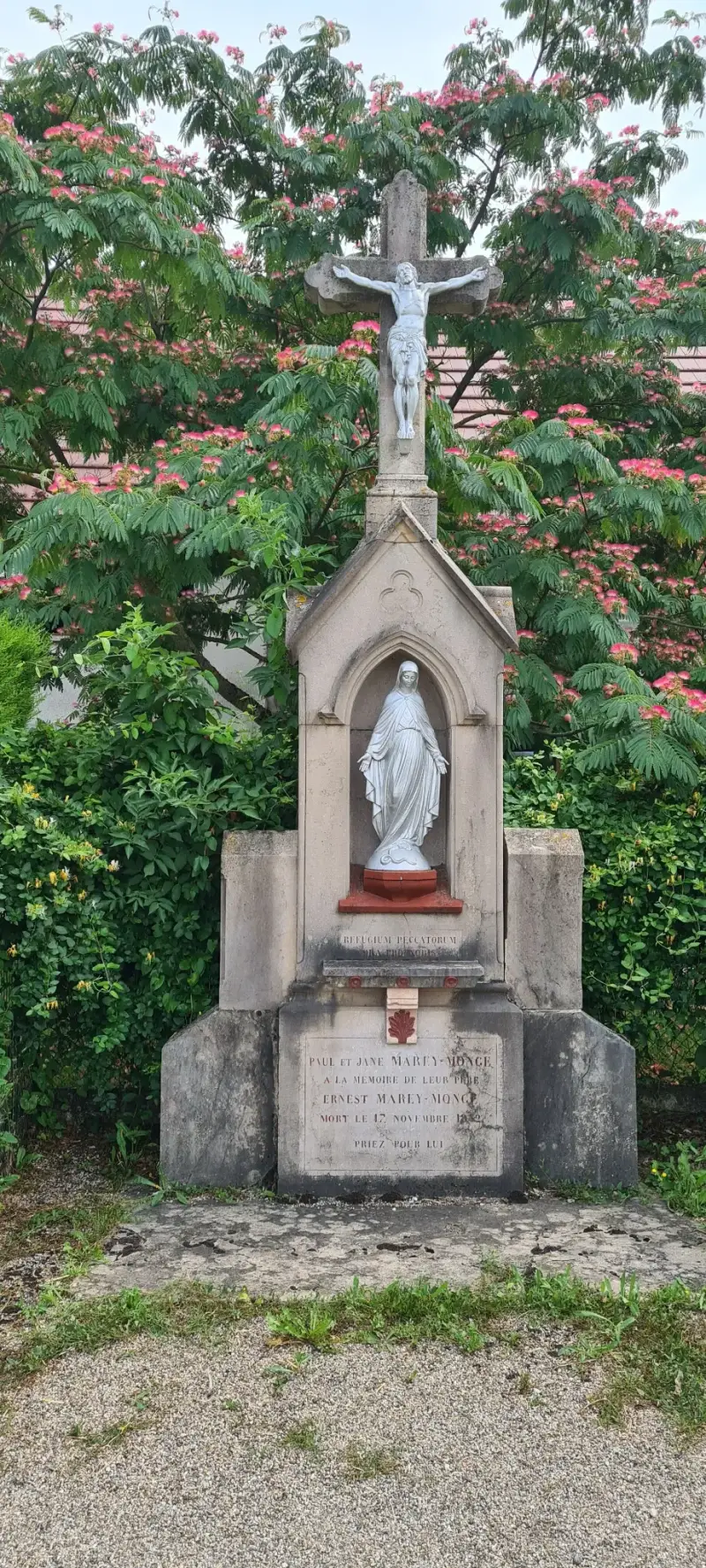 Statue de la Vierge de Saint-Bernard avant restauration, monument noirci par le temps et entouré de végétation.
