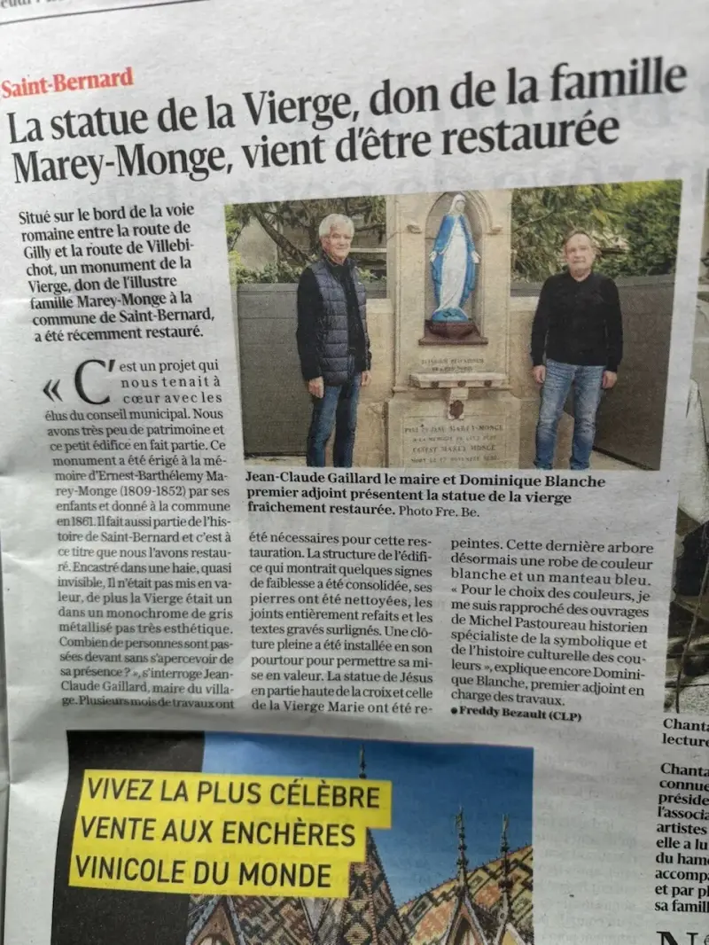 Article du Bien Public consacré à la restauration de la statue de la Vierge de Saint-Bernard.