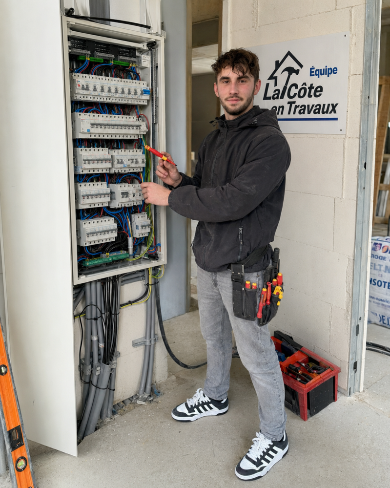 Électricien La Côte en Travaux devant un tableau électrique rénové à Nuits-Saint-Georges