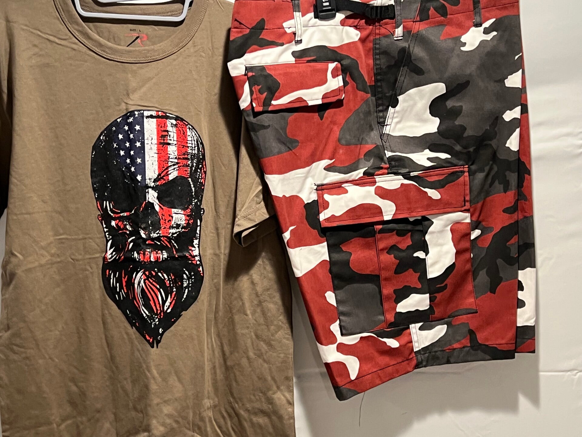 Red camo shorts and beard skull shirt